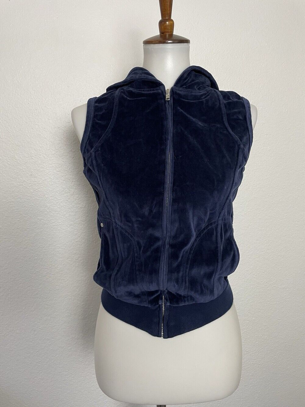 Jill Stuart Jeans Hoodie Velour Zip Front Sleeveless Stretch Knit